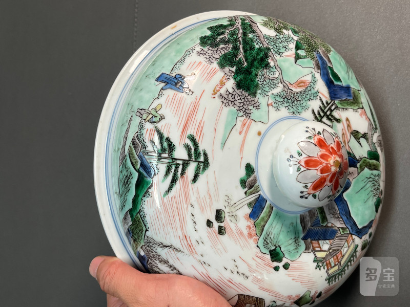 清康熙  五彩通景山水人物图盖罐 - 图21